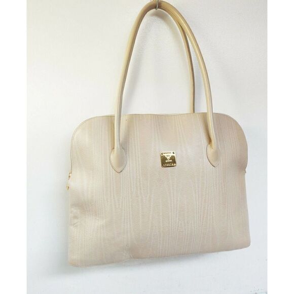 XL MCM MUNCHEN D8848 TEXTURED IVORY GENUINE LEATHER TOTE SHOULDER BAG HANDBAG - Picture 4 of 11